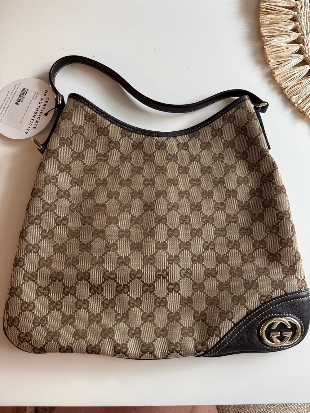 Gucci Beige and Brown GG Canvas Hobo Bag with Dark Trim